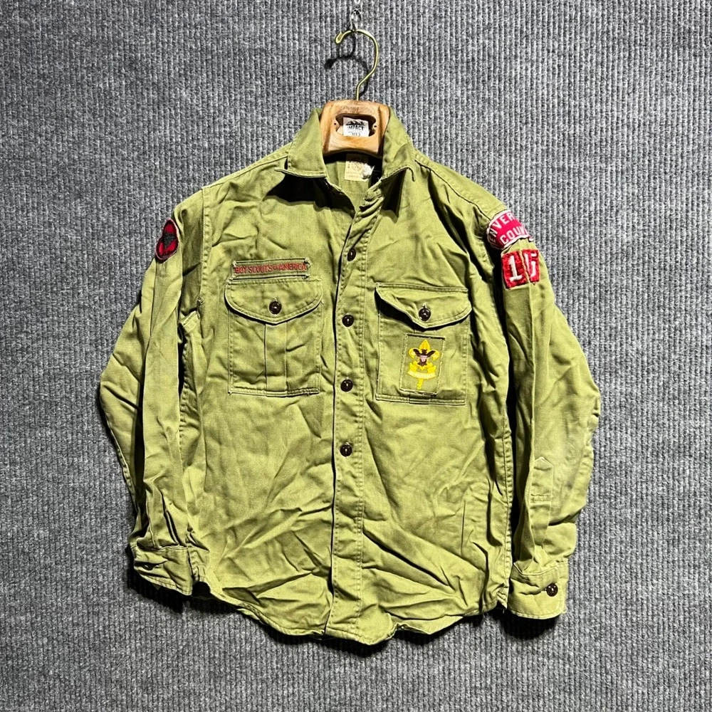 Vintage Boy Scouts of America Shirt Youth M Green Denver Council Patch Uniform